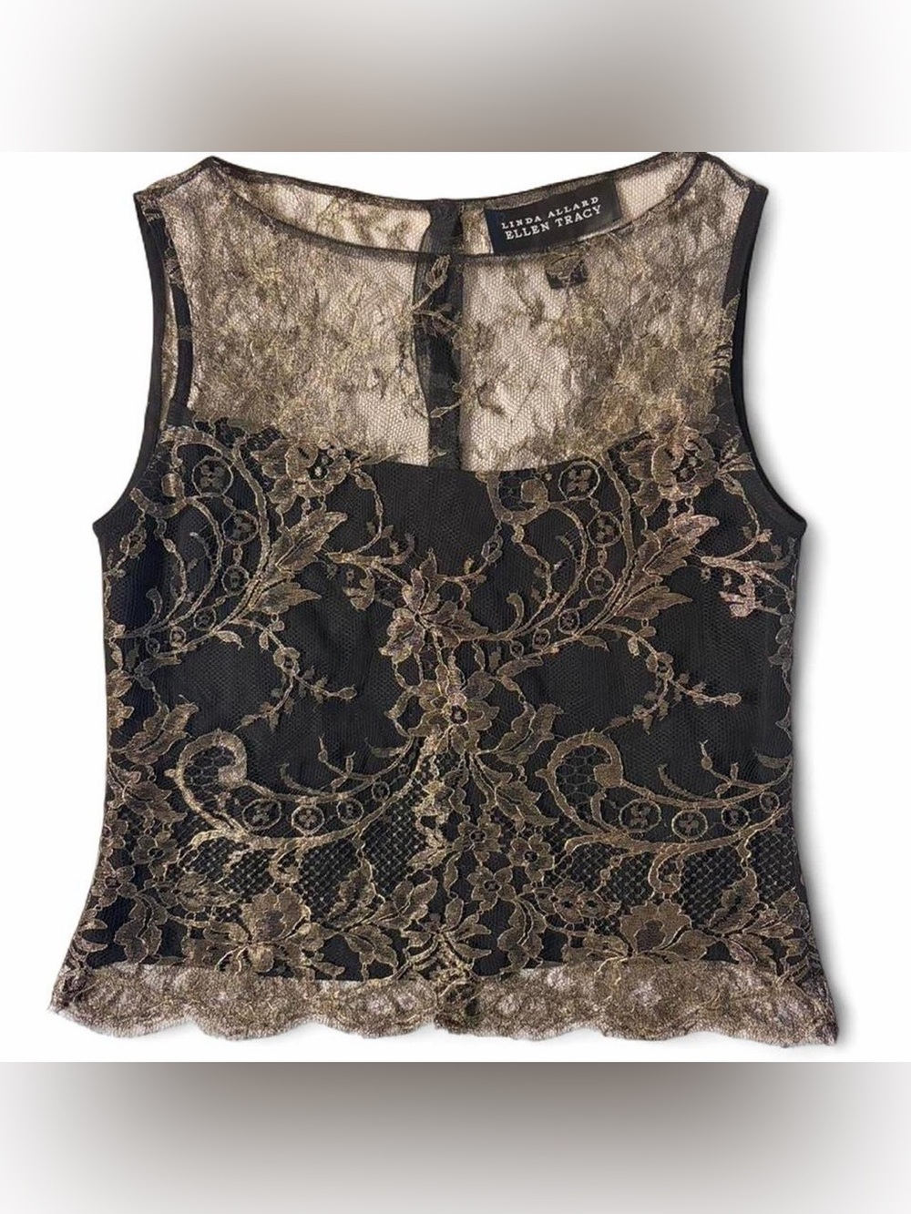 Linda Allard Ellen Tracy Metallic Gold Black Lace Mesh Top Petite 0